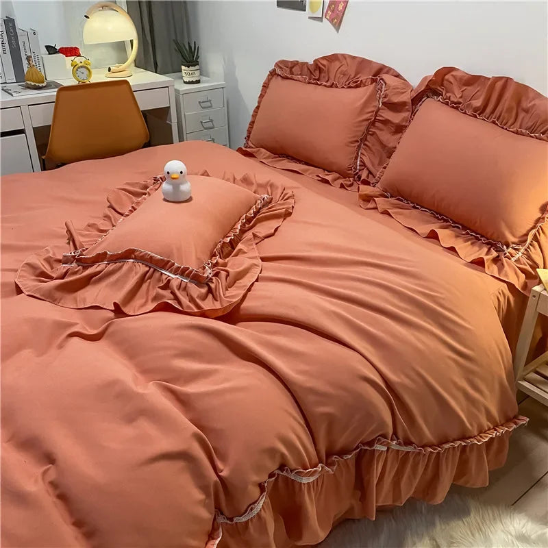 Cyflymder  Korean Solid Pure Cotton Bed Skirt Bedding Sets Washed Cotton Comforter Set with Lace Princess Soft and Skin-Friendly Bedclothes
