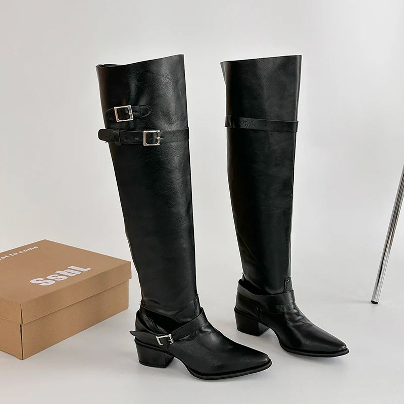 Cyflymder  Autumn Vintage Thick Heel Women Knight Boots Fashion Belt Buckle Shoes Ladies Elegant Pointed Toe Mordern Knee High Booties