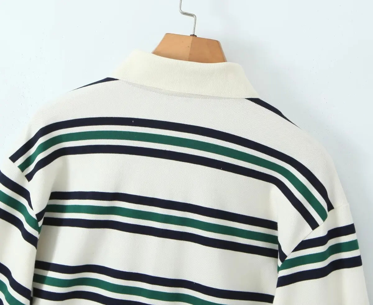 Cyflymder  Loose Fits Casual Street Sle T-irt  Collar Contrast Color Versatile Lazy Sli Top American Retro Striped