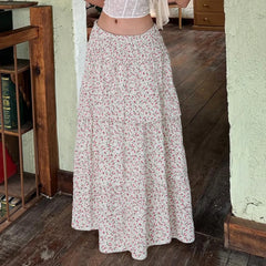 Cyflymder  Casual Women's Floral Skirt Summer Vacation Elastic Waistband Long Skirt All Match Elegant Outfit Harajuku Boho Clothes