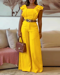 Cyflymder  Elegant 2-Piece Set Square Neck Flutter Sleeve Shirred Top High Waist Wide Leg Pants Women's Casual Comfortable Outfits