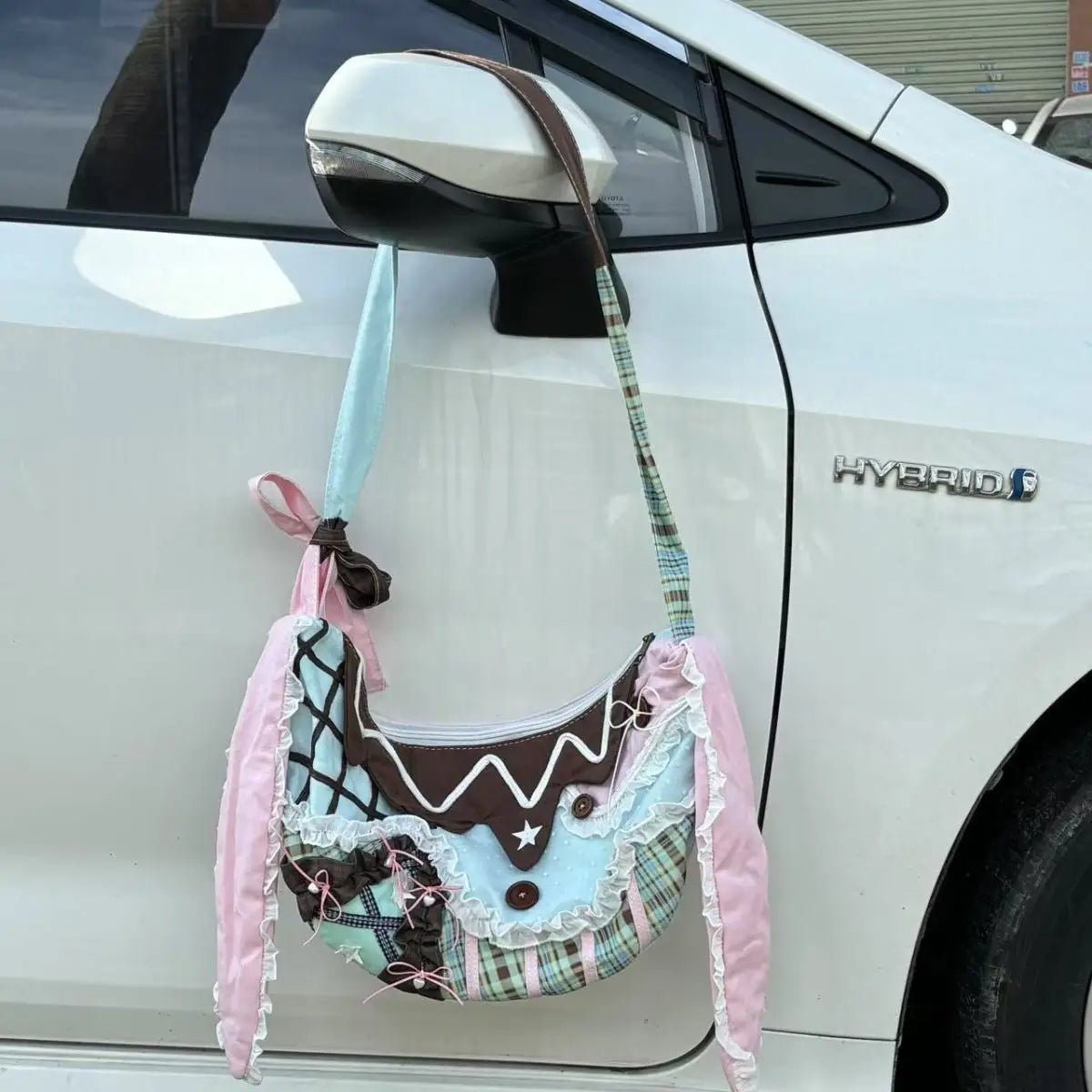 Cyflymder  Harajuku Y2k Aesthetic Ins Underarm Bag Women Contrast Color Plaid Rabbit Ear Canvas Bag Grunge Patchwork Lace Shoulder Handbags
