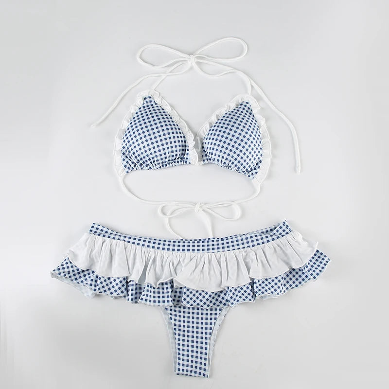 Cyflymder  Plaid Bikini Set For Women Halter Ruffled Hem Swimsuit Two-Piece Beach Summer Swimwear Sexy 2Pcs Fashion Beachwear 2025