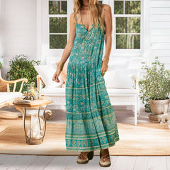 Cyflymder  Women Beach Dress y2k Boho Floral Print V Neck Spaghetti Strap Sleeveless Long Flowy Dress Vacation Cocktail Dresses﻿