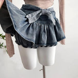 Cyflymder Grunge Y2k Bow Denim Skirt with shorts Kawaii Women Vintage Gyaru Ruffle Low Waist Sexy Pleated Mini Skirts Summer Streetwear
