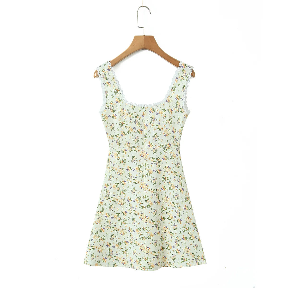 Cyflymder  Sexy Satin Flower Print Spliced Lace Square Collar Mini Tank Dress Women Slim Waist A-Lined Sleeveless Short Robe Holiday