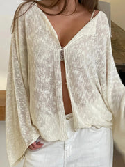 Cyflymder  Women Loose Cardigan Solid Boat Neck Hook and Eye Long Sleeve Knitted Tops Casual Fall Clothes