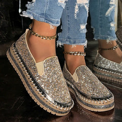 Cyflymder  Women's Rhinestone Flats Comfort Thick Sole Slip on Casual Shoes Woman Fashion Gold Silver Glitter Platform Loafers