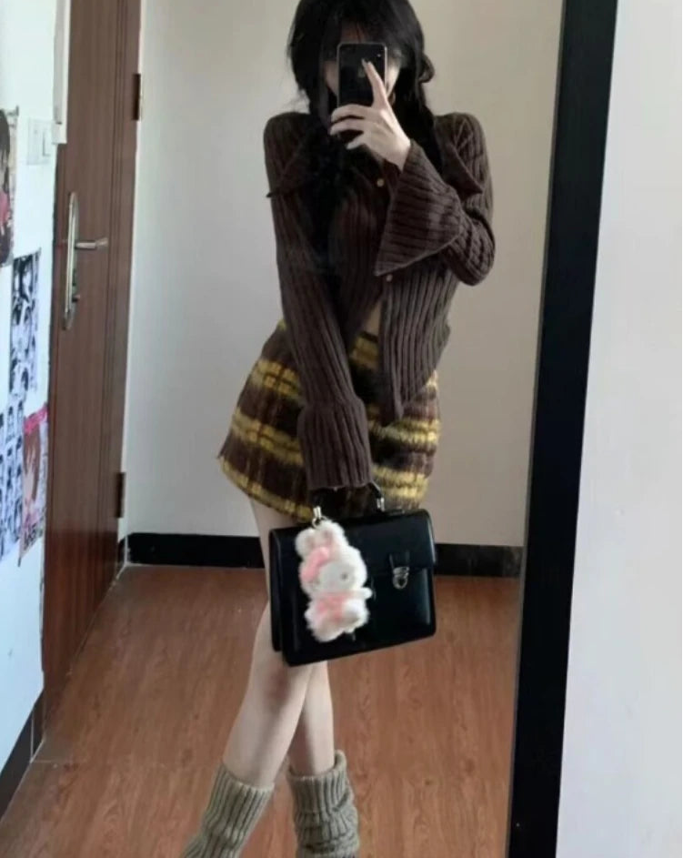 Cyflymder trashy outfits Two Piece Sets Womens Skirt Outfits Roupas Femme Slim Waist Vintage Knitted Sweater High Waist Plaid Bodycon Mini Skirt Set