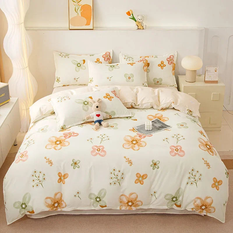 Cyflymder  Ins Style Plant Printed Skin Friendly Cotton Bed Sets 4Pcs Soft Cozy Duvet Cover Set for All Seasons King Queen Textile Supplies