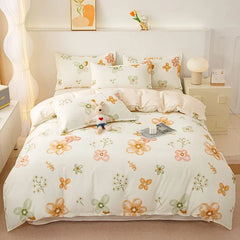 Cyflymder  Ins Style Plant Printed Skin Friendly Cotton Bed Sets 4Pcs Soft Cozy Duvet Cover Set for All Seasons King Queen Textile Supplies