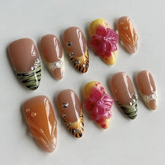 Cyflymder  24pcs Brown French Almond Press on Nails Pink Flower False Nails Wearable Stick-on Nails Fake Nail Накладные Ногти 네일팁 Uñas