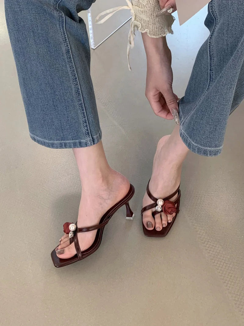 Cyflymder  Wine Red Flowers Pearl Women Slippers Sandals Fashion Square Open Toe Thin High Heels Mules Slides Summer Party Dress Shoe