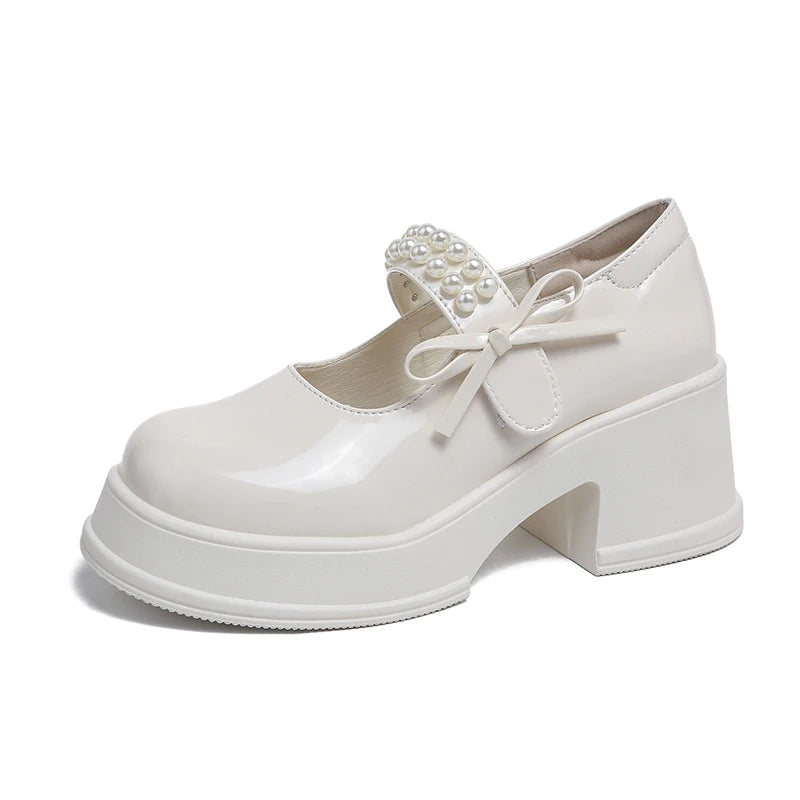 Cyflymder  Vintage High Heels Mary Jane Shoes for Women 2025 Patent Leather Platform Pumps Woman Pearls Thick-Heeled Shoes Female