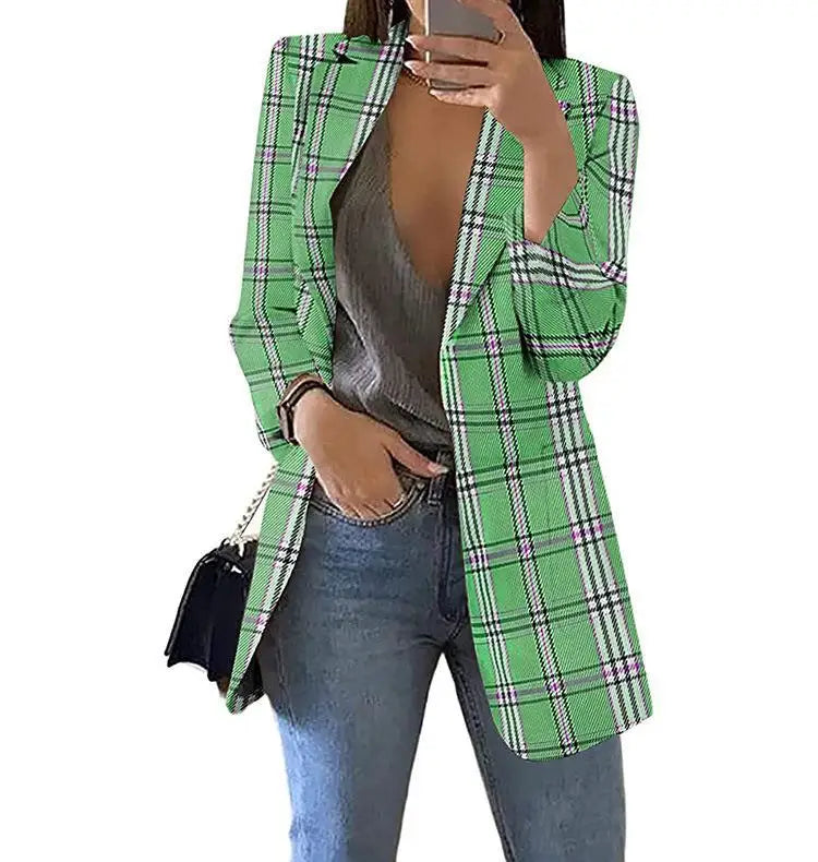 Cyflymder  Women's Faion Plaid Casual Suit Lapel Cardigan Jaet Slim Fit Long Sve Autumn Collection Ele Office Wear