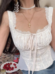 Cyflymder  Tie Bow ruffled Ruched Chest embroidery women tops new Summer Tank Tops single-breasted Girl Slim Crop Top camis