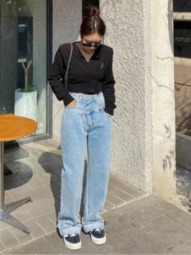 Cyflymder  High Waist Asymmetric Two Button Vintage Straight Leg Wide Leg Casual Jeans Women's Chic Spring New Sle Casual Loose Fit
