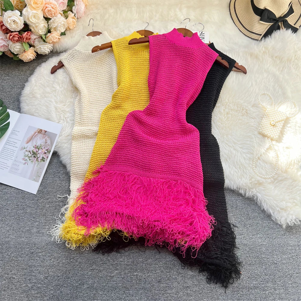 Cyflymder  Sexy Dress Women Sleeveless Hollow Out Patchwork Tassel Slim Bodycon Knitted Short Dresses