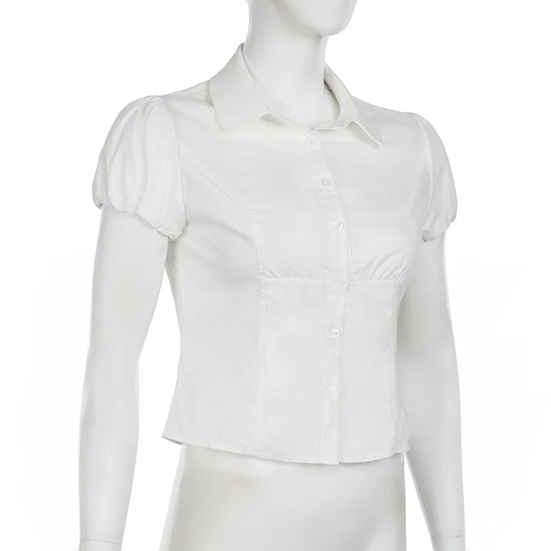 Cyflymder  Casual Solid Blouse Basic Slim Deep V-Neck Turn-Down Collar Short Sleeve Shirts Women 2025 Summer Fashion Streetwear
