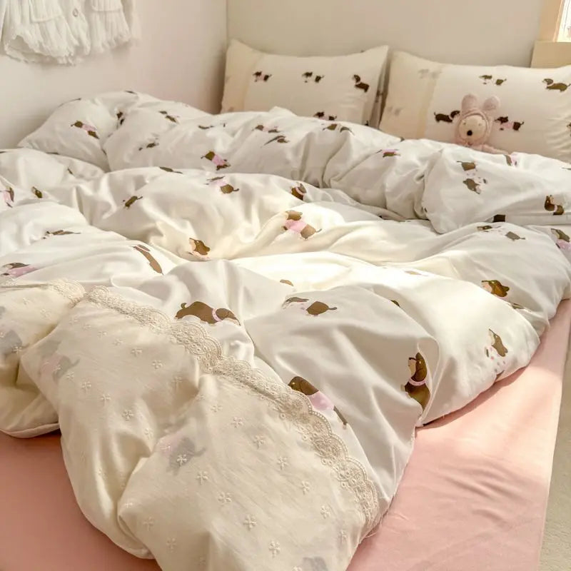 Cyflymder  INS French Style Fresh Floral Lace Trim Four-Piece Set Washed Cloud Cotton Quilt Cover Bed Sheet Dormitory Bed Sheet Sets