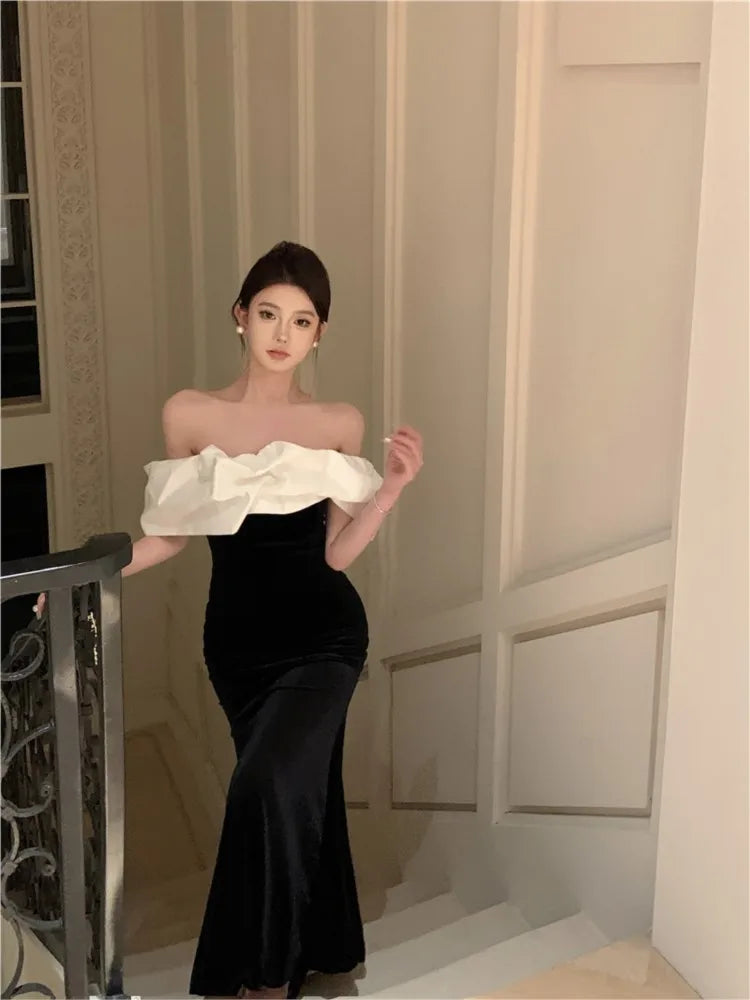 Cyflymder DRESS TO IMPRESS Mermaid Dresses Women Sexy Slash Neck Off Shoulder Ruffles Patchwork Elegant Slim Evening Party Dress Female Backless Vintage