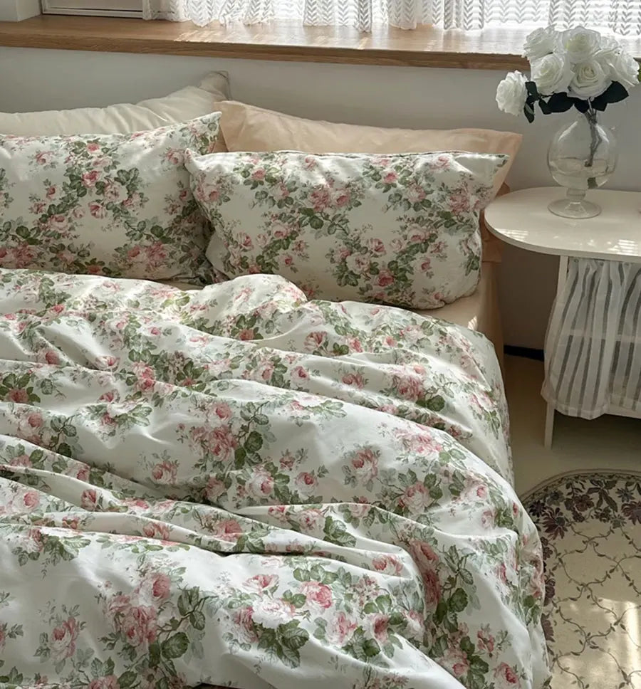 Cyflymder  Romantic green pink flower bedding set,twin full queen fresh fashion floral cotton home textile sheet pillow case quilt cover