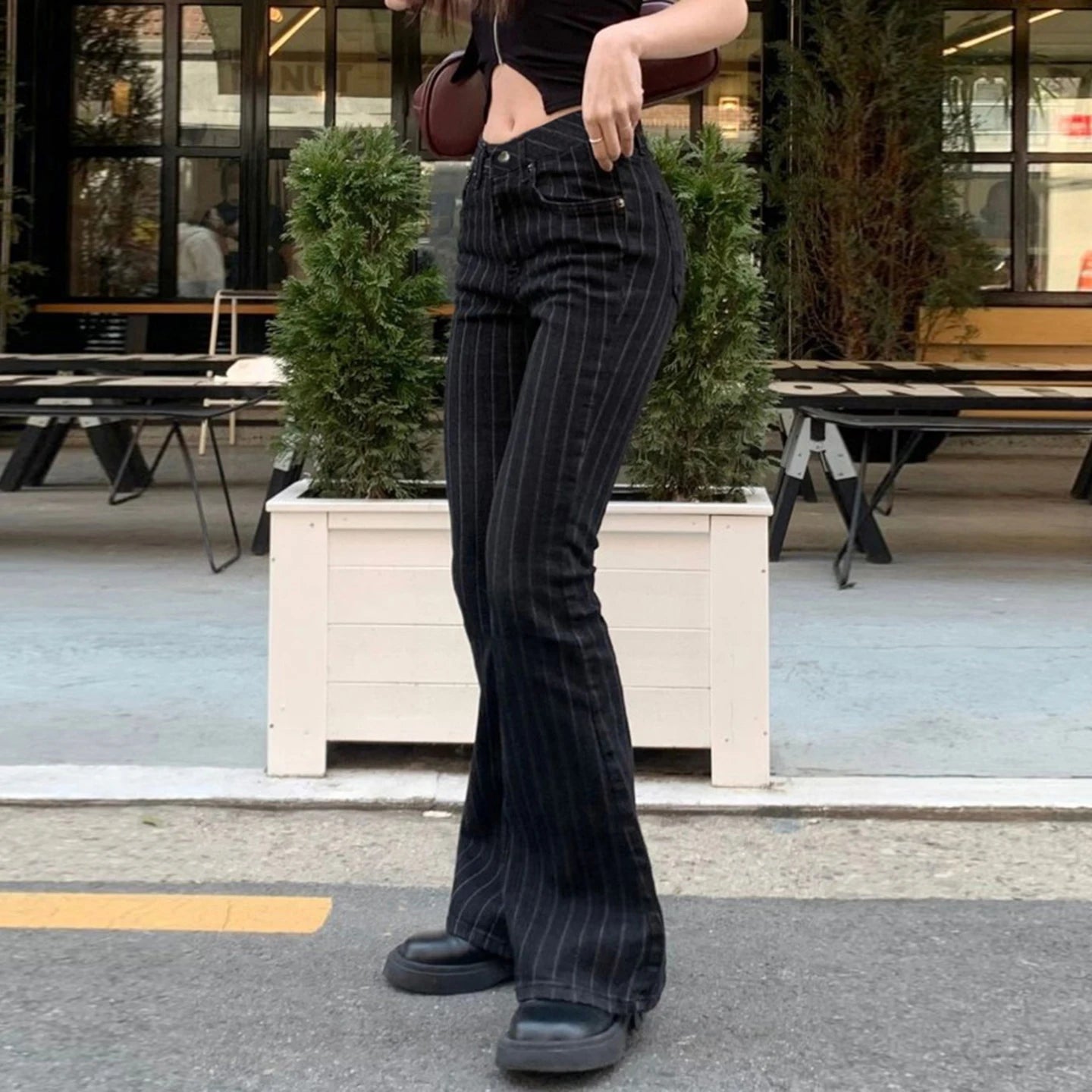 Cyflymder  Low-Waist Slimming Bla Stripe Bell Bot Jeans Women's Faionable Versatile Denim Pants Streetwear Romore Hot Girl Outfit