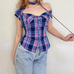Cyflymder  French Lapel Lace-up Breasted Plaid Shirt Waist Slim-fitting Short-sleeved Top Women