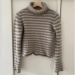 Cyflymder  Women Striped Turtleneck Sweater,Long Sleeve Cropped Knit Pullover,Ribbed Hem Slim‑Fit Casual Knitwear for Autumn Winter