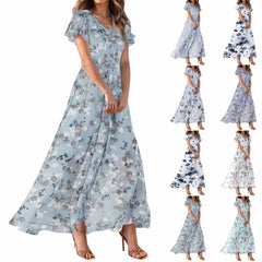 Cyflymder  Summer Beach Style Women'sFloral Dresses Casual Short Sleeve Maxi Long Shirts Floral Maxi Dresses Wedding Guest Flowing Dresses