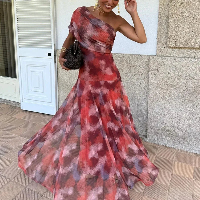 Cyflymder  Sexy Skew Collar Draped Swing Long Dress Woman Elegant Print Pleated Party Dress Summer Backless Hollow Out Maxi Dresses Vestido