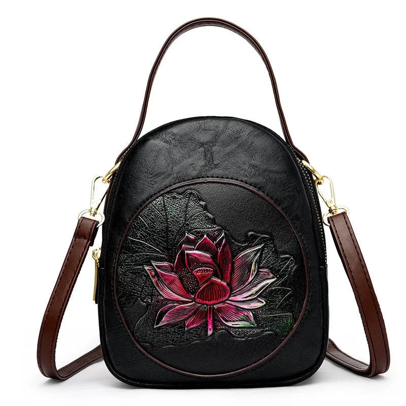 Cyflymder  Luxury 3-Layer Pockets PU Leather Women's Leisure Shoulder Bag and Purses Fashionable Lotus Pattern Crossbody Bag Ladies Sac