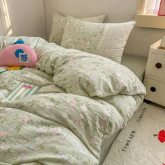 Cyflymder  INS French Style Fresh Floral Lace Trim Four-Piece Set Washed Cloud Cotton Quilt Cover Bed Sheet Dormitory Bed Sheet Sets