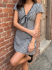 Cyflymder  Mini Dress For Women V Neck Front Tie Knot Gingham Print Puff Short Sleeve Ruched Waist Slim A Line Frock Lady's Casual Skirt