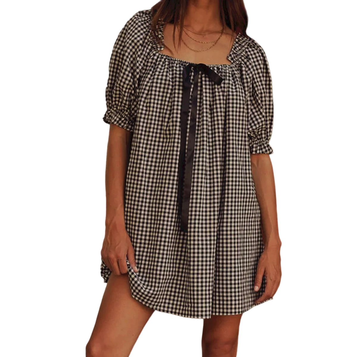 Cyflymder  Elegant Plaid Summer Dress with Square Neckline and Puff Sleeves Perfect for Daily Wear and Travel Outfits
