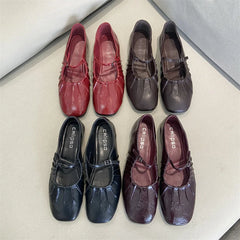 Cyflymder  Pleated Mary Janes Flats Shoes Women Square Toe Pu Leather Comfortable Elegant Red Shoes Ladies Shallow Black Ballet Flats New