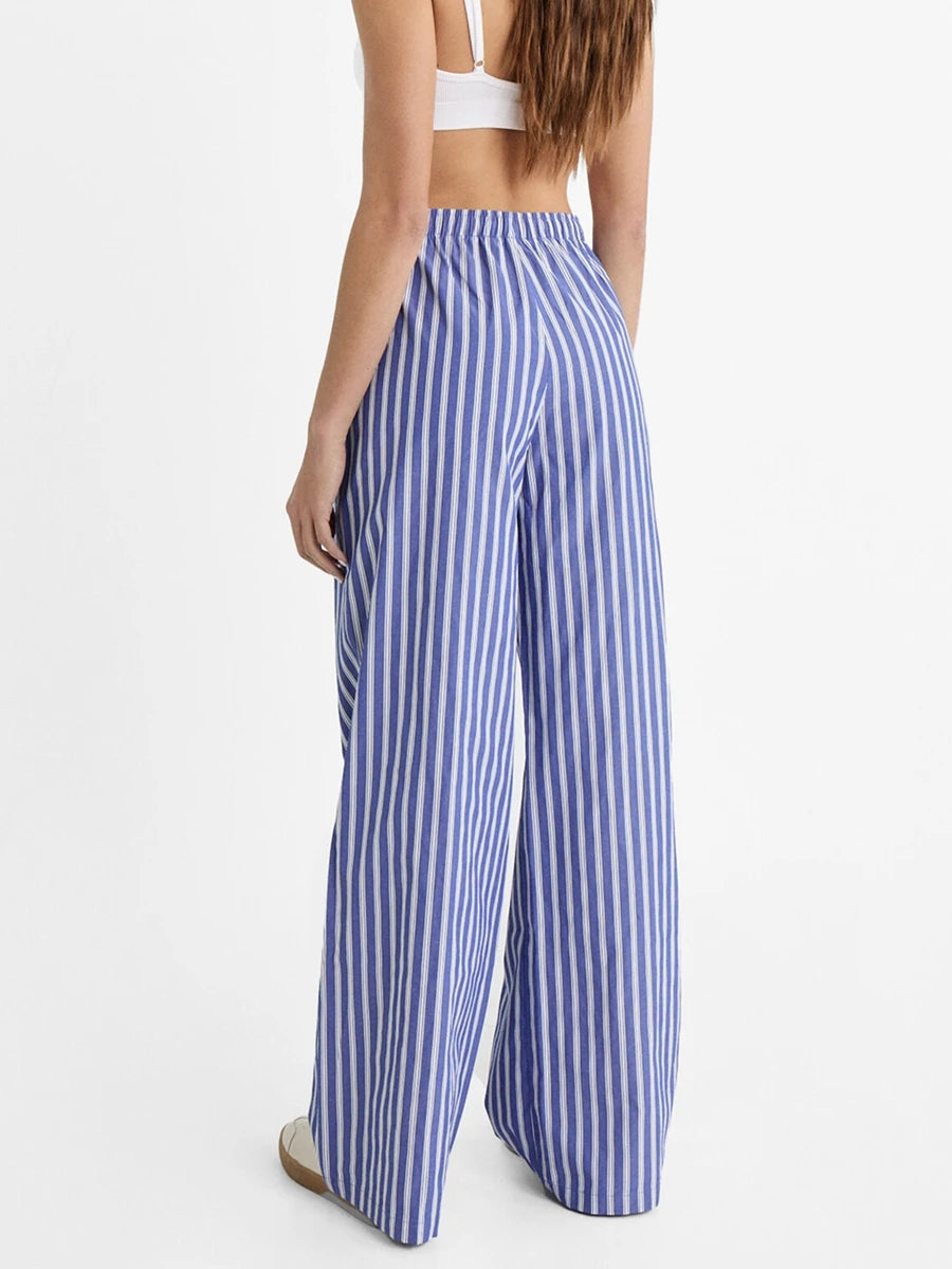 Cyflymder  Women Striped Pajama Pants Elastic Waist Straight Wide Leg Trousers Casual Loose Fit Going Out Bottoms with Pockets