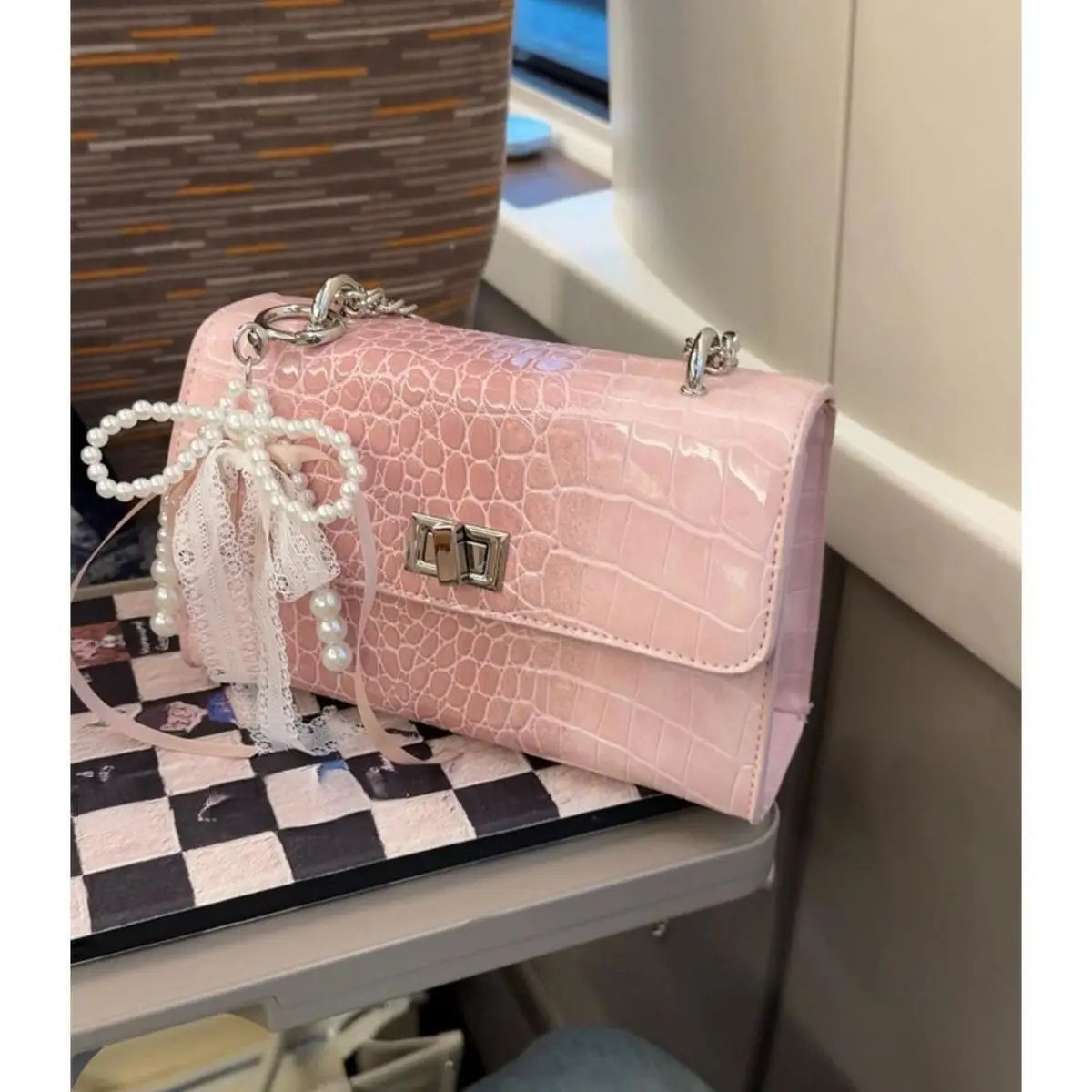 Cyflymder  Hot Girl Sweet Bow Handbag Women Premium Crocodile Texture  Leather Shoulder Bag Ladies 2025 New Y2K Aesthetic Crossbody Purse