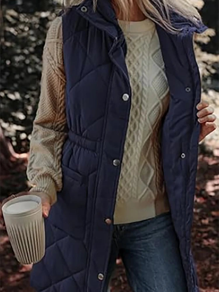 Cyflymder  Plus Size Keep Warm Cotton Long Jacket Casual Solid Sleeveless Button Zipper Winter Outwear Coats Stand Up Collar Pocket Jackets