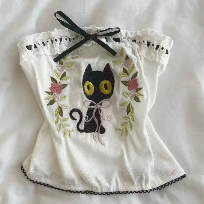 Cyflymder  Sweet Summer Popular Strapless Tank Tops Exquisite Embroidery Cute Cat Whit Flower Design Women Clothes Y2k High Street Tops