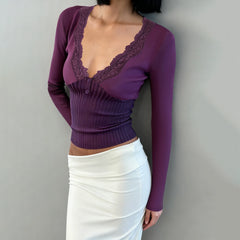 Cyflymder  Purple Elegant Lace Patchwork V-Neck Slim Knit Top Women Casual Long Sleeves Tees Fashion Sexy Clothing Spring Outfits