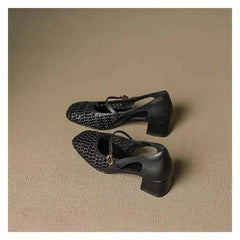 Cyflymder  French Single Shoes Women Spring Summer Cutout Woven Square Toe Kitten Heel Block Heel Off-White Sandals