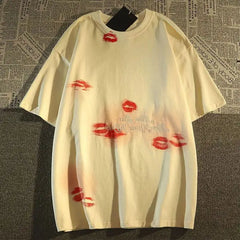 Cyflymder  American Sle High Street Pure Cotton Retro Lip Print Embroidery ort Sve T-irt ex Loose Large Size Trendy Brand