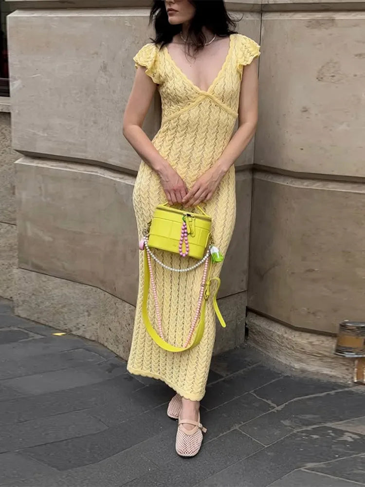 Cyflymder  Chic V-Neck Knitted Lace Long Dress Woman Hollowed Out Short Sleeves Slim Robes Solid Color Casual Elegant Women's Long Dresses
