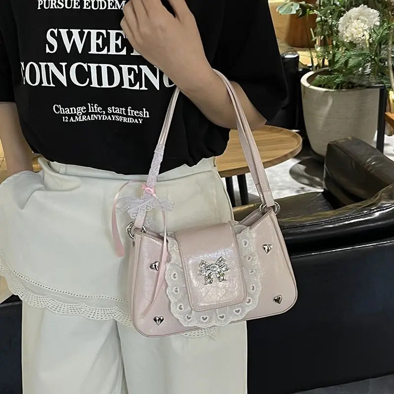 Cyflymder  Fashion Patchwork Lace Office Lady Shoulder Bags Sweet Heart Elegant Women Underarm Bag Luxury Design Y2k Aesthetic Ins Handbags