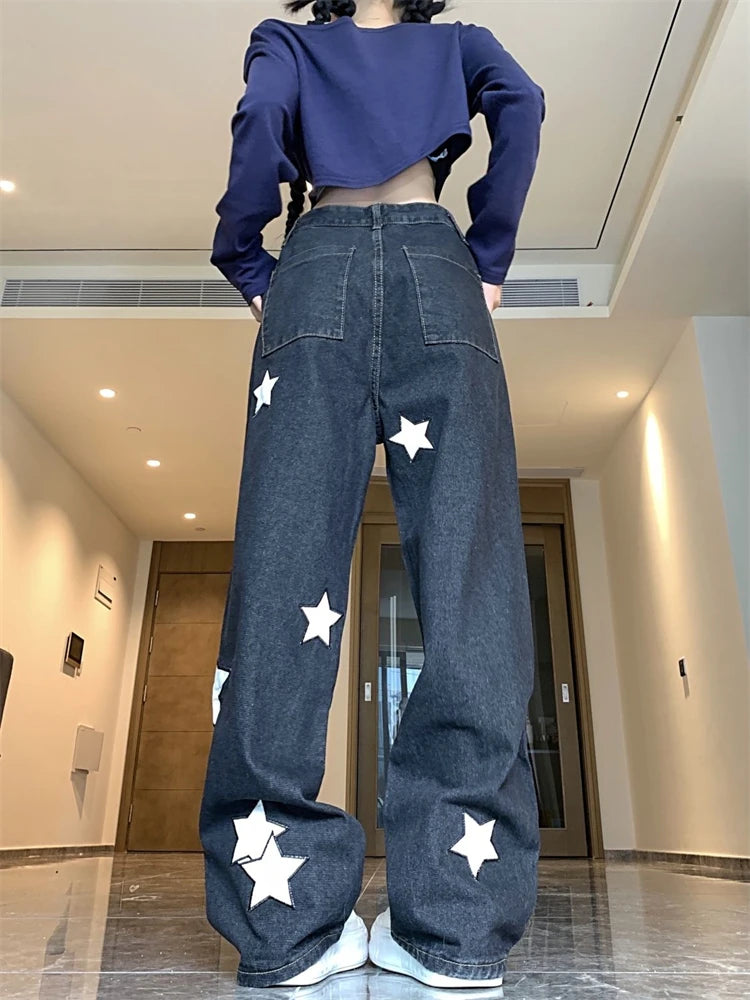 Cyflymder  Women's White Star Print Wide Leg Black Jeans Cool Girl Streetwear Fashion High Waist Pant Female Straight Design Trousers
