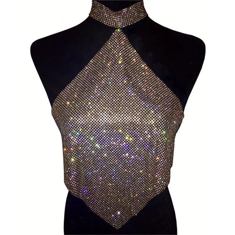 Cyflymder  Cross-Border New Summer Women's Metal Rhinestone Tank Top Sexy Spicy Girl Club Crop Top with Nelace Glittering Beads Ladies