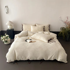 Cyflymder  Vintage Jacquard Linen Cotton Luxury Bedding Set Double Queen King Size Duvet Cover Flat/Fitted Sheet Lace-Up Pillowcases 4Pcs