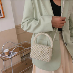 Cyflymder Pearl Crossbody Bags for Women Small Coin Wallet Handbag Handmade Woven Ladies Phone Tote Hand Shoulder Bag