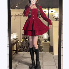 Cyflymder Christmas Red Dress Female Hepburn Style Temperament Long Sleeved Slim Velvet French Dress Autumn Winter Sweet Holiday Outfit